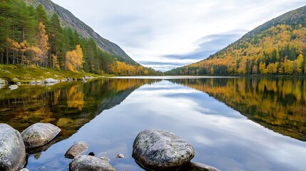 Poster - Serene autumnal lake nestled between mountains, reflecting vibrant yellow and green foliage, clear water, and smooth rocks at the shore. : Generative AI