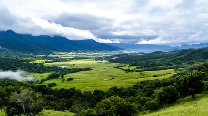 Aufkleber - Serene valley landscape with lush green meadows nestled between majestic mountains under a cloudy sky, offering a tranquil and picturesque view. : Generative AI