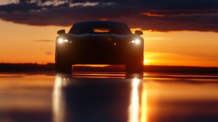 Aufkleber - Silhouette of a modern sports car at sunset, reflecting on a smooth surface, with vibrant orange and dark clouds in the sky. : Generative AI