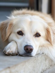 Poster - Close-up portrait of a cream-colored dog resting its head on a stone surface, showing its calm and gentle expression with soft fur and expressive brown eyes. : Generative AI