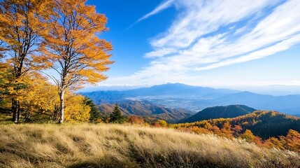 Aufkleber - Autumnal mountain landscape with golden trees and a vast valley view under a vibrant blue sky, showcasing the beauty of nature's seasonal change. : Generative AI