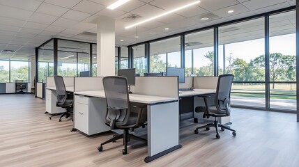 Poster - Modern office workspace with large windows, showcasing sleek desks, ergonomic chairs, and a bright, airy atmosphere.  The contemporary design features light wood flooring and efficient : Generative AI