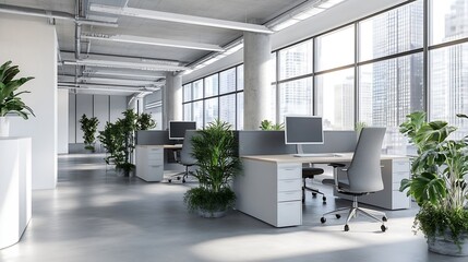 Aufkleber - Modern minimalist office interior design showcasing spacious workspace with large windows offering city views, featuring contemporary furniture and abundant indoor plants. : Generative AI