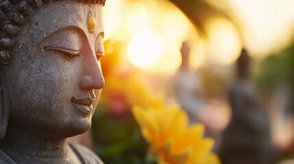 Aufkleber - Close-up view of a serene stone buddha statue, bathed in the warm golden light of sunset, with blurred yellow flowers in the foreground. : Generative AI