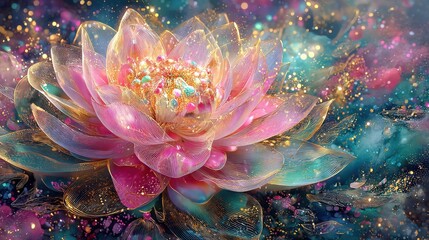 Poster - A vibrant, AI-generated image showcasing a pink and gold lotus flower with intricate, translucent petals, adorned with sparkling glitter and set against a dark, teal and purple cosmic background.