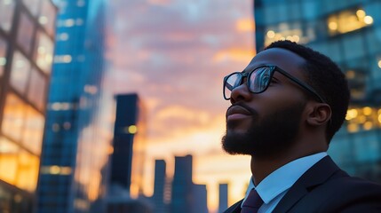 Poster - A pensive businessman in a suit looks towards a vibrant city sunset, his silhouette framed against the warm, orange and purple hues of the twilight sky. : Generative AI