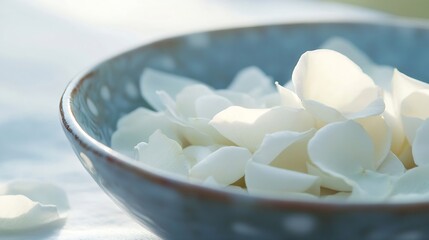Fototapete - Close-up of delicate white rose petals nestled in a serene blue ceramic bowl, bathed in soft sunlight, creating a tranquil and peaceful atmosphere. : Generative AI