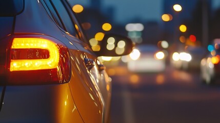 Poster - Close-up view of a silver car's taillight illuminated at dusk, with blurred city lights and traffic in the background, creating a sense of urban movement and nighttime atmosphere. : Generative AI