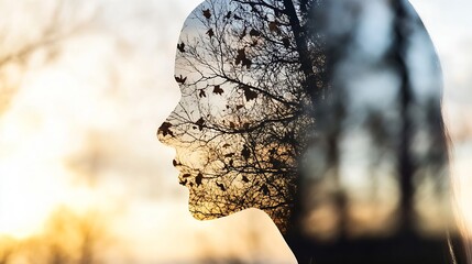 Aufkleber - Silhouette of a woman's face superimposed with a tree at sunset, creating a double exposure effect, conveying themes of nature, identity, and inner peace. : Generative AI