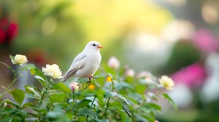 Poster - A serene white bird perches gently on a branch amidst a vibrant garden of yellow roses and lush green foliage, bathed in soft, warm sunlight. : Generative AI