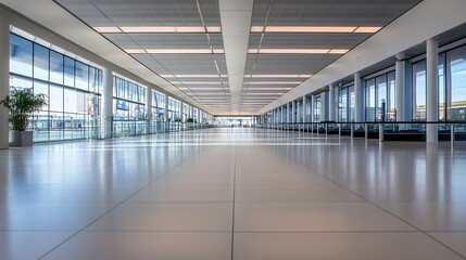 Leinwandbilder - Modern airport terminal hallway with large windows and bright lighting, showcasing a clean, spacious design and polished floor. : Generative AI
