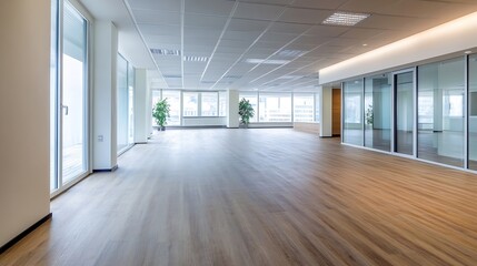 Poster - Empty modern office space with large windows and light wood flooring, ready for business, showcasing a bright and airy interior design. : Generative AI