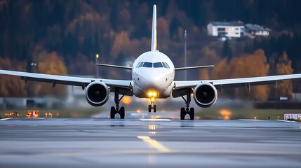 Poster - Airplane landing on wet runway at dusk, with blurred autumnal background.  The aircraft's landing gear is visible, and lights illuminate the scene. : Generative AI