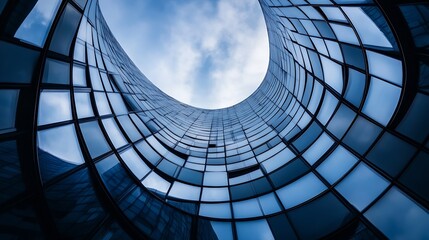 Aufkleber - Curved glass facade of a modern skyscraper, reflecting blue sky and clouds. Architectural detail showcasing innovative design and construction. : Generative AI