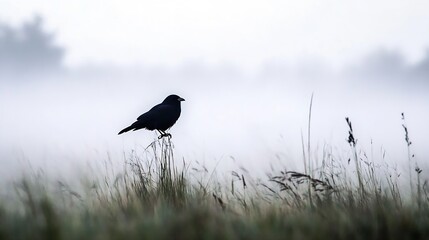 Poster - Silhouette of a crow perched atop tall grass in a misty, foggy field at dawn, creating a serene and mysterious atmosphere. : Generative AI