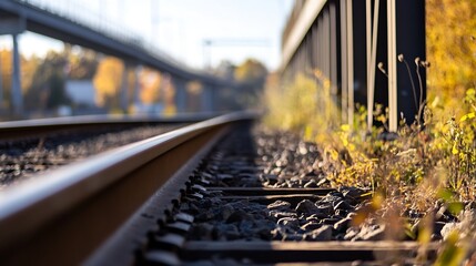 Poster - Close-up view of railway tracks extending towards a blurred highway overpass, autumnal foliage visible in the background, sunlit scene. : Generative AI