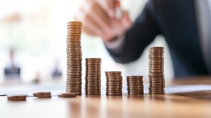 Leinwandbilder - Stacks of coins decreasing in height represent declining financial growth, a businessman in the blurry background seems to be analyzing the situation. : Generative AI