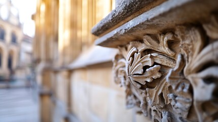 Fototapete - Close-up of intricate stone carving, showcasing leaf-like patterns and architectural details on an aged building facade, suggesting historical significance and craftsmanship. : Generative AI