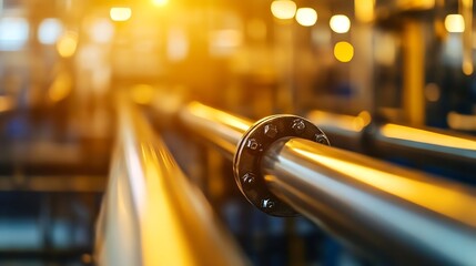 Aufkleber - Close-up view of gleaming metallic pipes connected by a flange, set against a blurred industrial background illuminated by warm, ambient lighting. : Generative AI