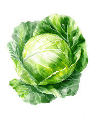 Aufkleber - A vibrant watercolor painting of a fresh, green cabbage, showcasing its tightly packed leaves and pale inner layers, isolated on a white background.