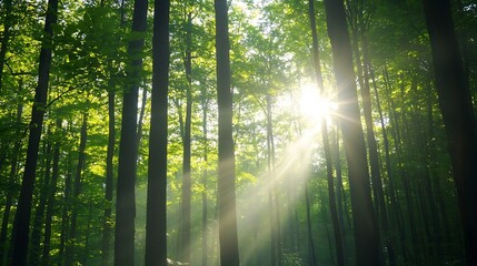 Aufkleber - Sunbeams illuminate a lush green forest, sunlight filtering through dense tree canopy, creating a magical, serene atmosphere. : Generative AI