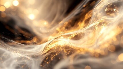Fototapete - Abstract gold and white smoke swirls with bokeh lights, creating a luxurious and ethereal atmosphere. Perfect for elegant designs or as a background image. : Generative AI
