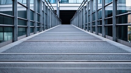 Poster - Elevated walkway with metal railings and textured flooring, leading to a modern building entrance. : Generative AI