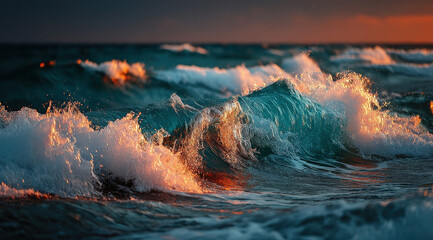 Poster - Ocean wave breaking at sunset, teal water with golden light reflecting on the foam, close-up view of textured surface.