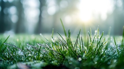 Poster - Close-up of frost-covered blades of grass illuminated by morning sunlight, showcasing delicate water droplets and a blurred natural background. : Generative AI