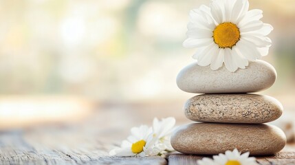 Poster - Serene spa scene featuring a chamomile flower atop a stack of smooth, beige stones, resting on a rustic wooden surface with additional daisies. : Generative AI
