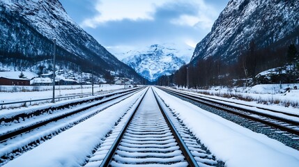 Aufkleber - Snow-covered train tracks vanish into a stunning Norwegian fjord valley, framed by majestic snow-capped mountains under a dramatic winter sky. : Generative AI