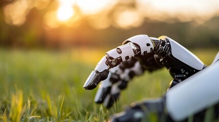 Poster - Close-up of robotic arms interacting with grass in a sunlit field, showcasing advanced technology and nature's harmony. : Generative AI