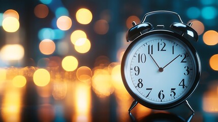 Aufkleber - Classic black alarm clock on a reflective surface, with a blurred background of warm and cool bokeh lights, suggesting a nighttime or evening setting. : Generative AI