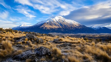 Poster - Majestic snow-capped mountain peak dominates a vast landscape, golden grasses and dark rocks in the foreground under a vibrant blue sky with wispy clouds. : Generative AI