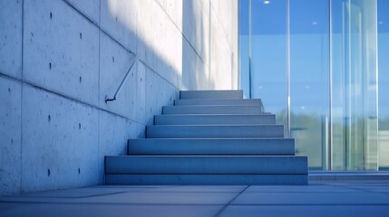 Poster - Modern concrete staircase with a stainless steel handrail, situated next to a glass wall and a textured concrete wall, bathed in sunlight. : Generative AI