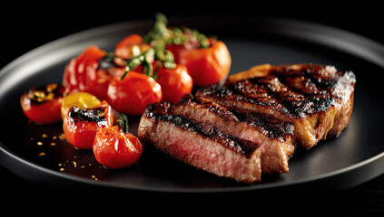 Poster - Grilled ribeye steak sliced, served on a black plate with roasted cherry tomatoes and herbs.  A delicious and visually appealing gourmet meal.