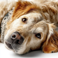 Poster - Close-up portrait of a golden retriever dog lying down, showcasing its expressive eyes and soft fur. The dog wears a cozy, patterned collar.