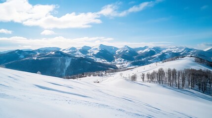 Poster - Stunning panoramic view of a snow-covered mountain range on a bright, sunny winter day. Ski slopes, chairlifts, and sparse trees are visible, creating a picturesque winter wonderland s : Generative AI
