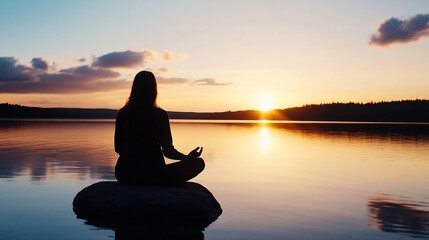 Poster - Silhouette of a woman meditating on a rock by a lake at sunset, peaceful and serene atmosphere, golden hour light reflecting on the water. : Generative AI