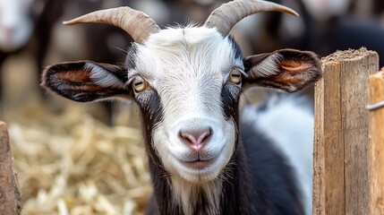 Poster - Close-up portrait of a young, curious goat with black and white fur, standing near a wooden fence in a farm setting. Its amber eyes and pink nose are clearly visible. : Generative AI