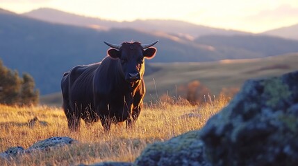 Poster - Majestic dark brown bull standing in a golden autumn field, silhouetted against a mountain range at sunset.  The serene landscape evokes a sense of peace and rural tranquility. : Generative AI
