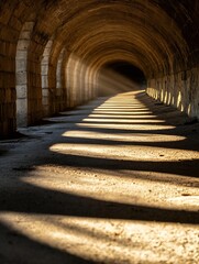 Poster - Sunbeams illuminate a long, arched stone corridor, creating dramatic light and shadow patterns on the ground. The perspective leads the eye deep into the tunnel's mysterious depths. : Generative AI