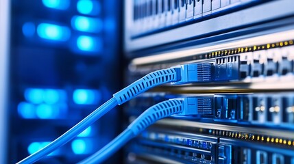 Poster - Close-up view of blue network cables plugged into a server rack, showcasing data center technology and connectivity. : Generative AI