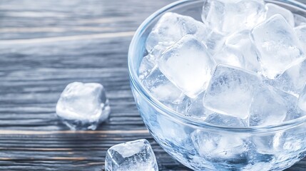 Poster - Close-up view of several ice cubes in a glass bowl, resting on a rustic wooden surface.  The ice is clear and reflects light, showcasing its crystalline structure. : Generative AI