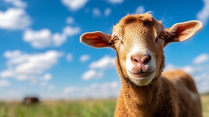 Poster - Close-up portrait of a young, light brown lamb standing in a sunny pasture against a vibrant blue sky with fluffy white clouds. The lamb looks directly at the camera with a curious exp : Generative AI