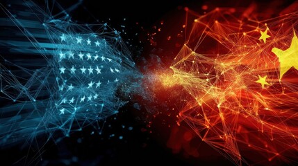 Aufkleber - Glowing Neural Networks of United States and China Flags Colliding in a Digital Representation of Tension and Competition Generative AI