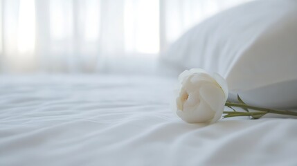 Aufkleber - Single white peony flower rests gently on crisp white bedding, near a soft pillow and sheer curtains, creating a serene and peaceful atmosphere. : Generative AI