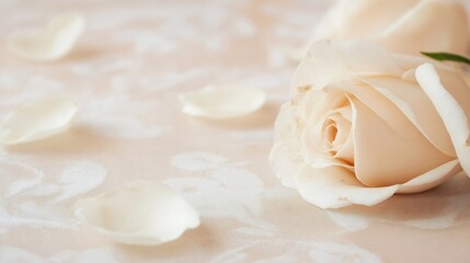 Aufkleber - Close-up of a delicate, creamy rose blossom resting on a textured, beige fabric, surrounded by scattered petals; soft, romantic, and elegant. : Generative AI