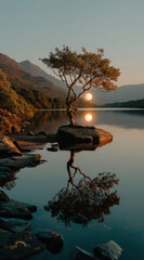Poster - Serene sunset landscape featuring a solitary tree on a rock in a calm lake, with a large moon or sun setting behind it, creating a peaceful and tranquil atmosphere.