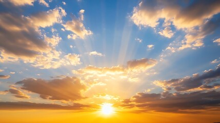 Aufkleber - Golden hour sunset with radiant sun rays piercing through dramatic cloudscape, creating a breathtaking celestial scene. : Generative AI